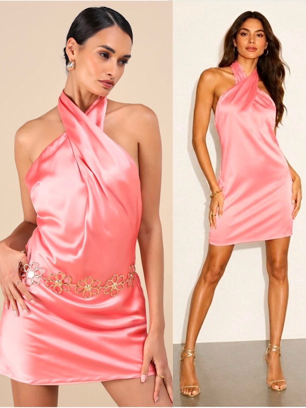 LULUS Coral Satin Halter Cross Neck Coquette Girl Wedding Guest Cocktail Dress S